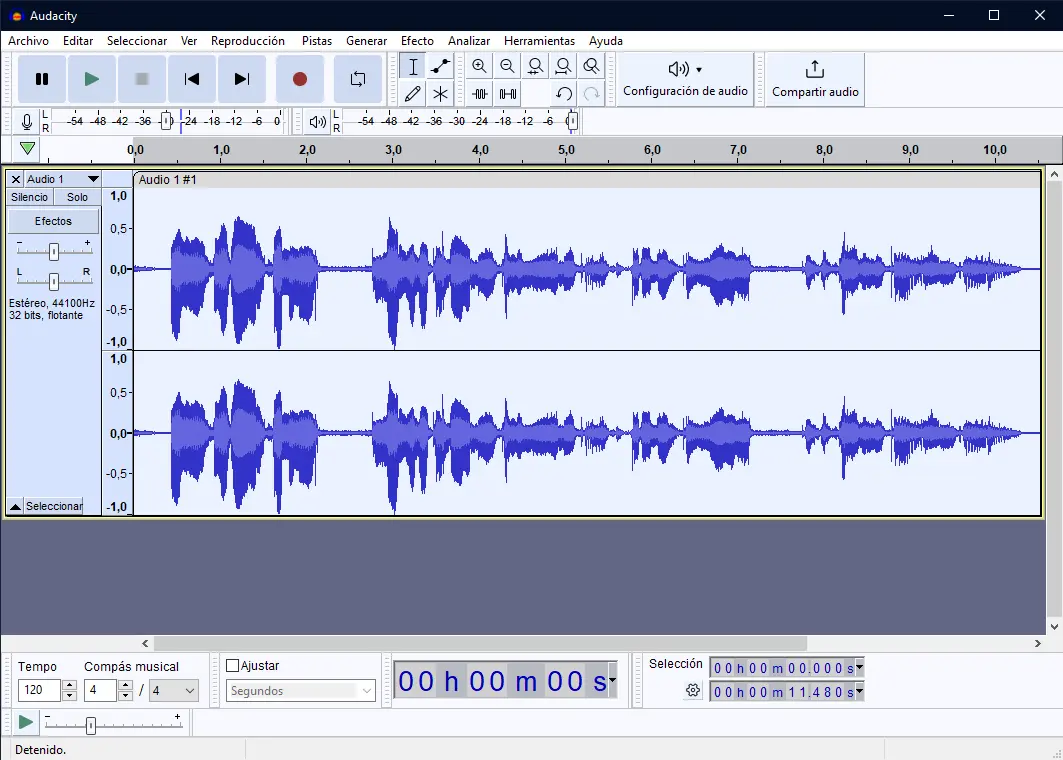 Audacity en mi computadora con una grabación de prueba mostrando la onda de audio - prueba personal abril 2026