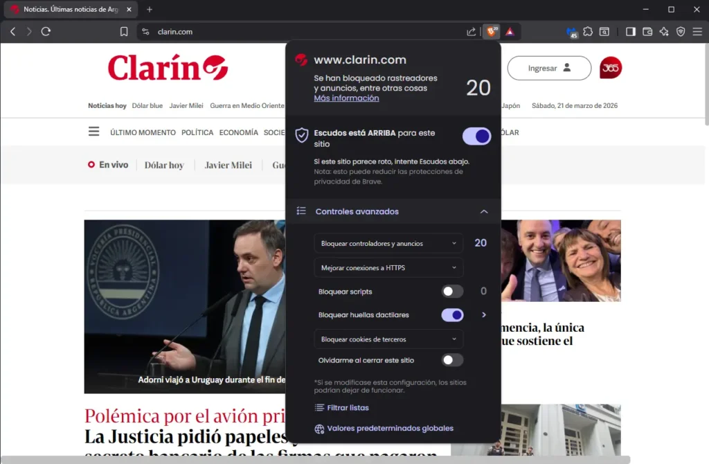 Brave Browser en mi computadora mostrando el Shield de privacidad activo y el contador de rastreadores bloqueados