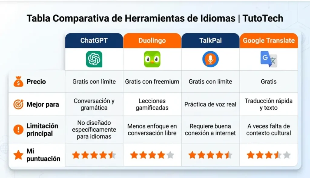Comparativa visual de las 4 mejores herramientas gratuitas para aprender idiomas con IA en 2026