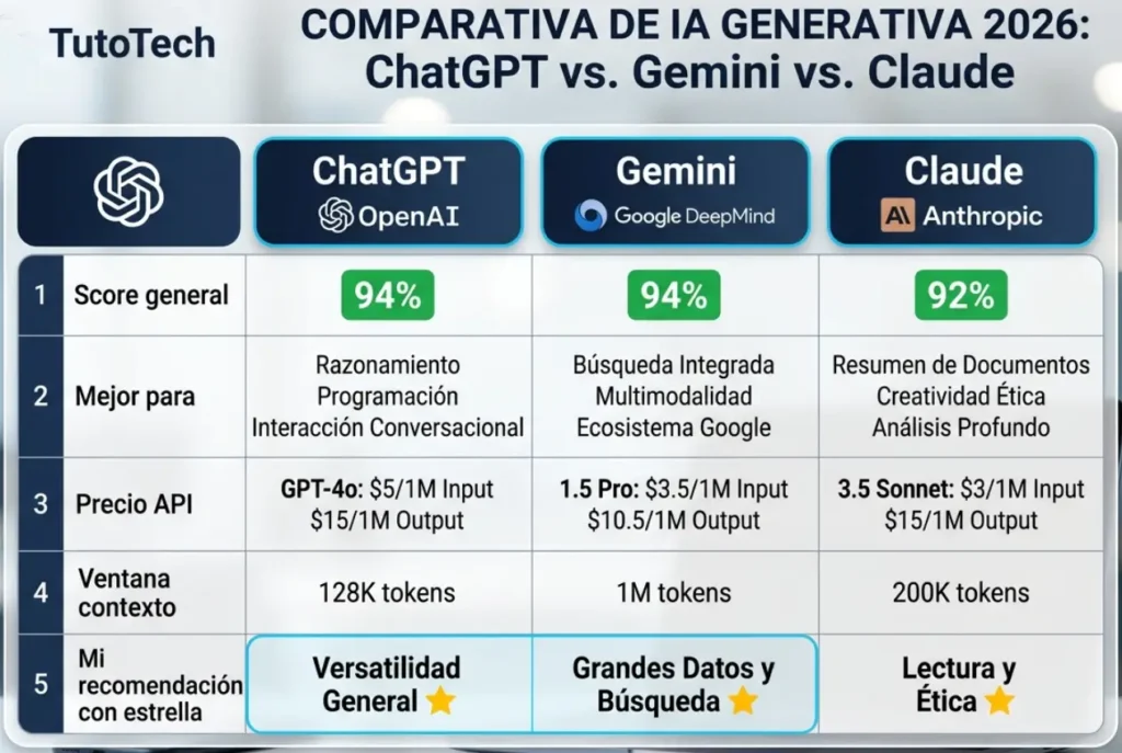 Comparativa visual de ChatGPT vs Gemini vs Claude en 2026 con scores reales y casos de uso recomendados