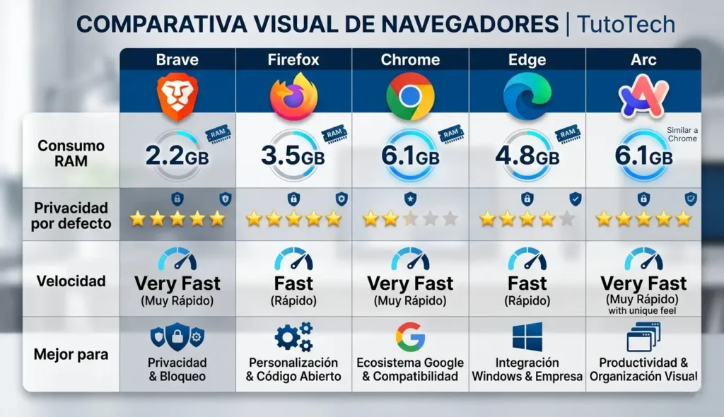 Comparativa visual de los 5 mejores navegadores web en 2026 con datos reales de consumo de RAM, privacidad y velocidad