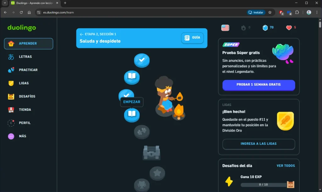 Duolingo en mi pc durante mi prueba personal de aprendizaje de idiomas con IA - abril 2026