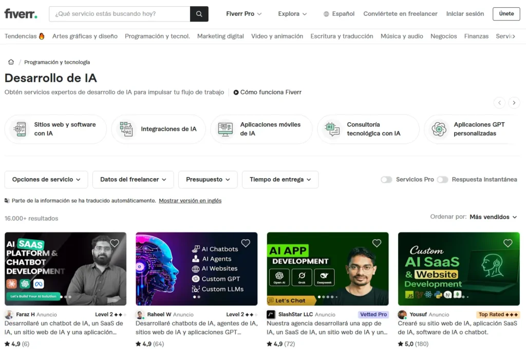 Búsqueda de trabajos relacionados con IA en Upwork mostrando la demanda real del mercado freelance