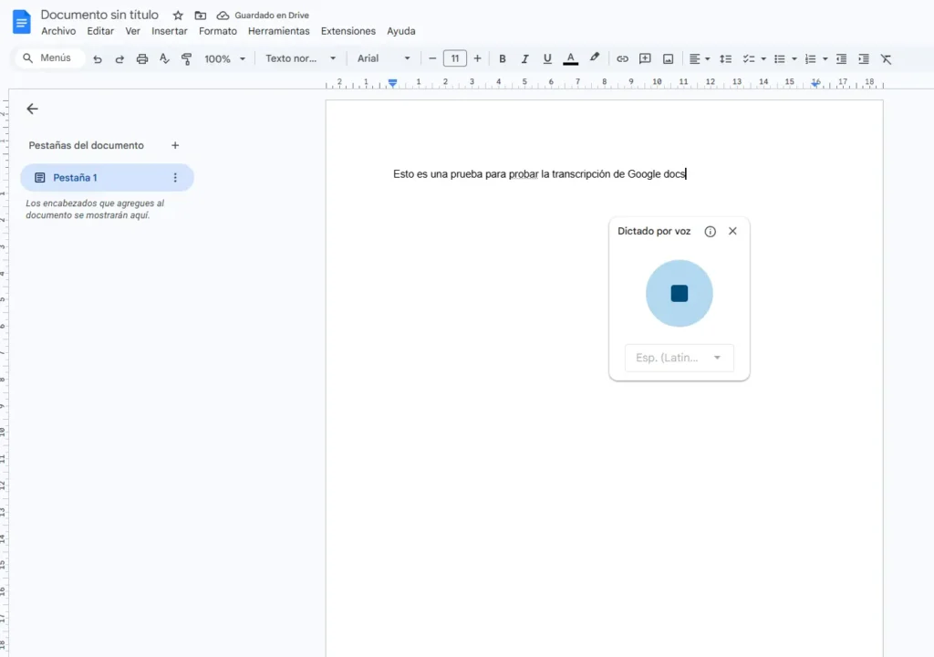 Google Docs con la función Escritura por voz activada, una alternativa gratuita e ilimitada para transcripción