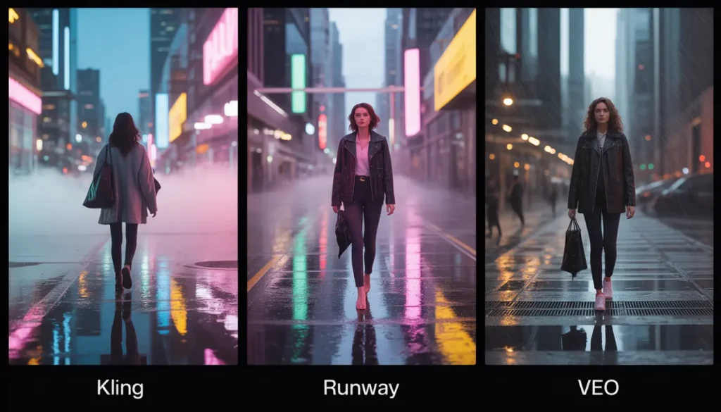 Interfaces de Kling AI, Runway Gen-4 y Google Veo comparadas lado a lado