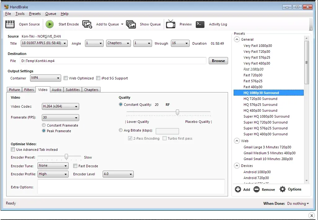 HandBrake con un video cargado mostrando los presets de compresión - prueba personal abril 2026