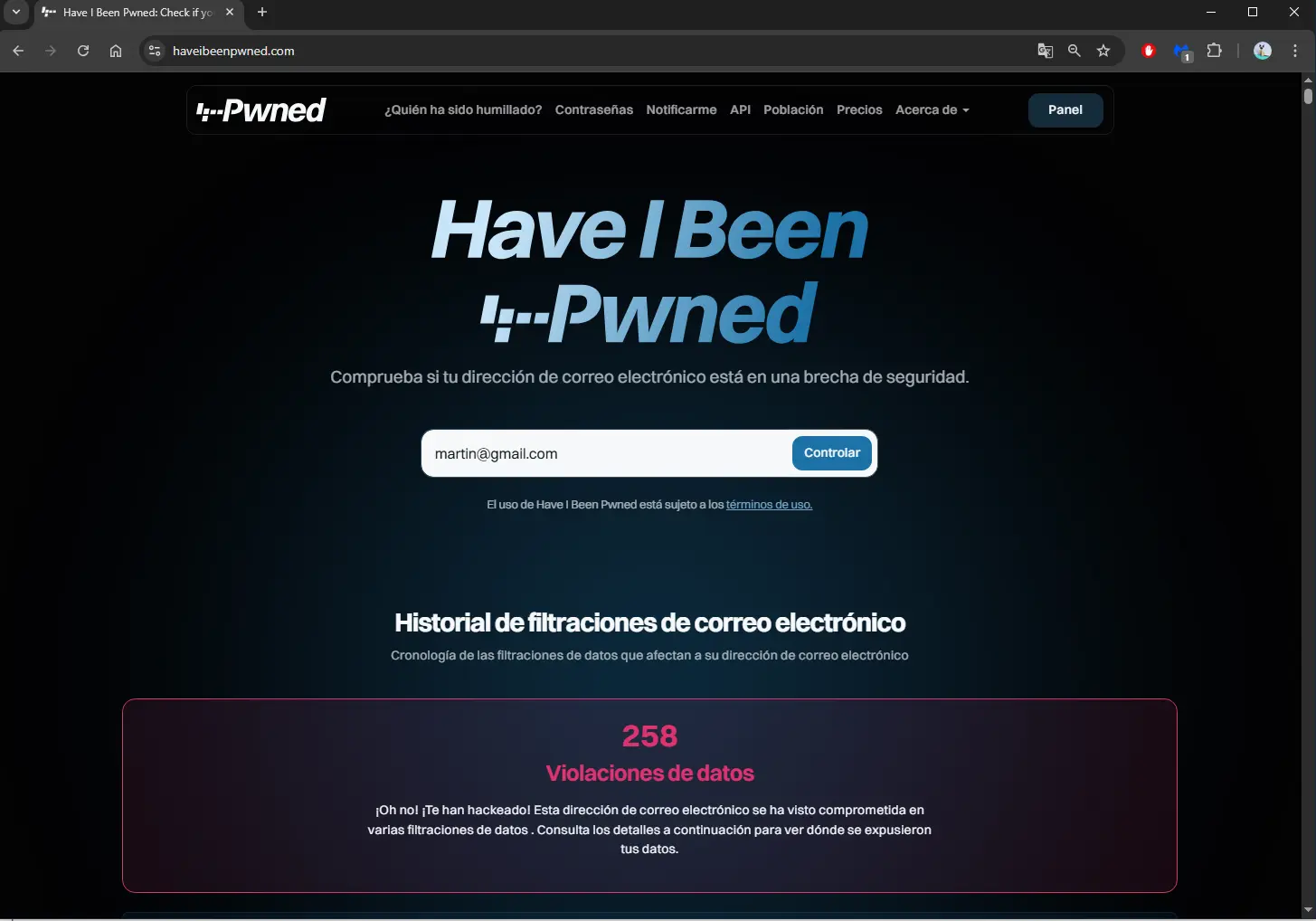 Have I Been Pwned mostrando brechas de seguridad reales en mi email - prueba personal abril 2026