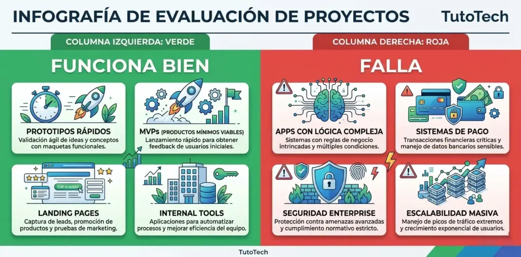 Comparativa visual de dónde funciona bien el vibe coding y dónde todavía falla