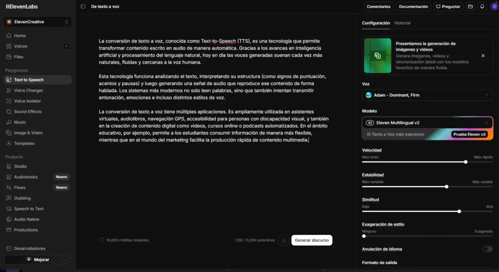 Dashboard de ElevenLabs en el plan gratuito mostrando los 10.000 créditos mensuales disponibles
