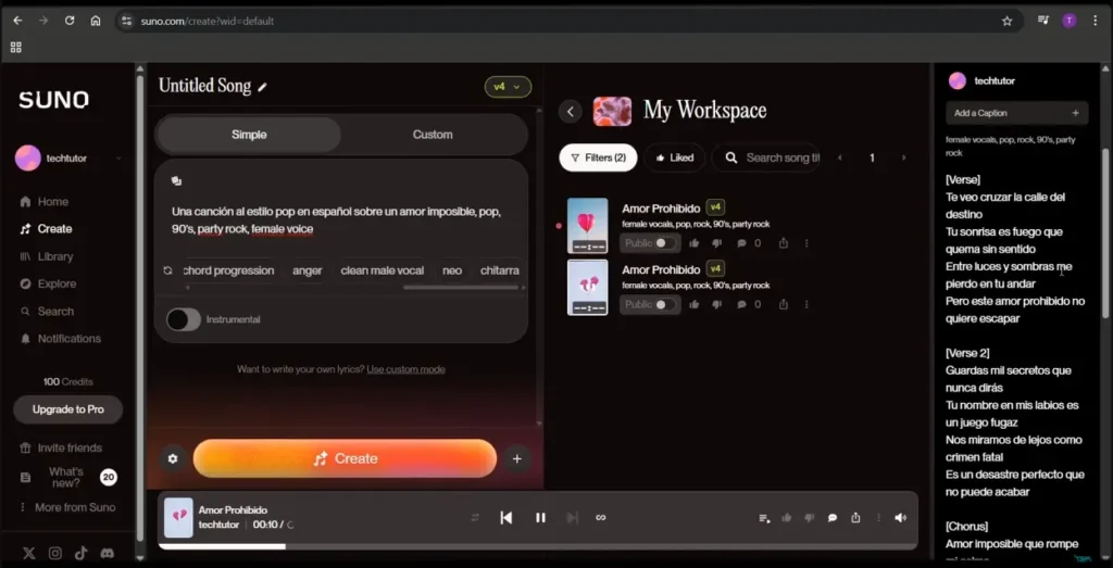 Interfaz de Suno AI mostrando los 100 créditos diarios del plan gratuito y el campo para crear canciones