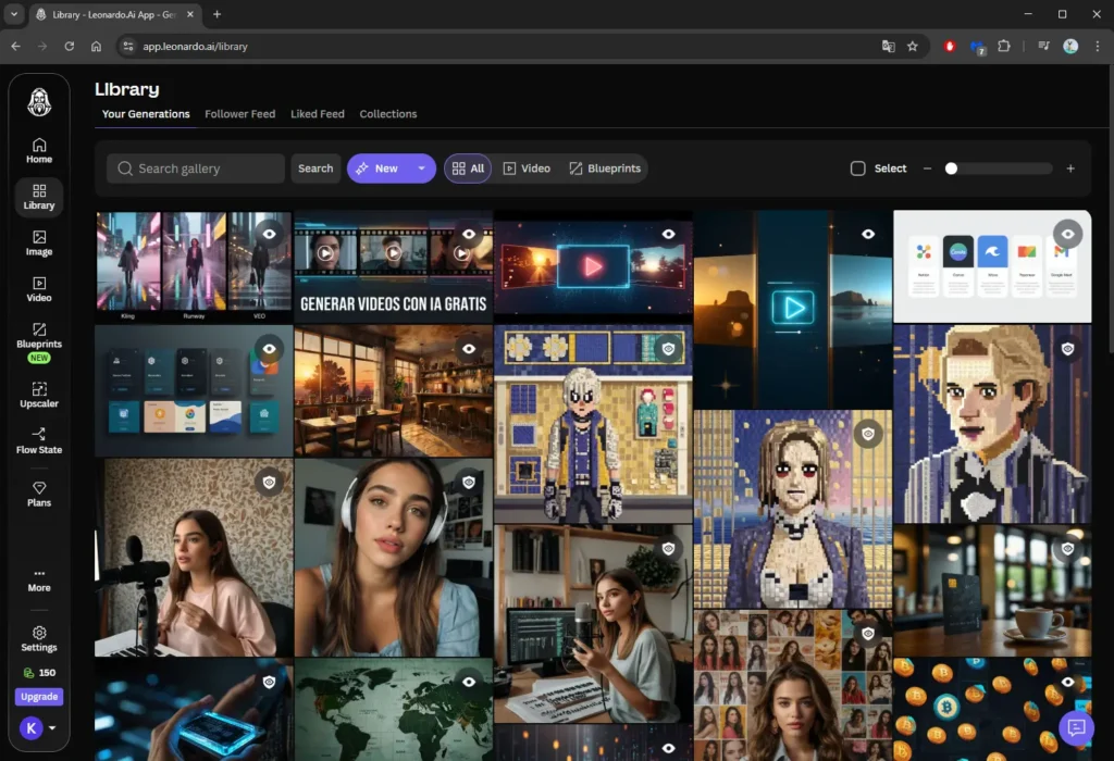 Leonardo AI con mis imágenes generadas y el contador de 150 tokens diarios del plan gratuito - prueba personal abril 2026