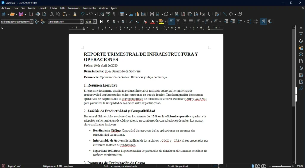 LibreOffice Writer en acción: interfaz principal con un documento de prueba