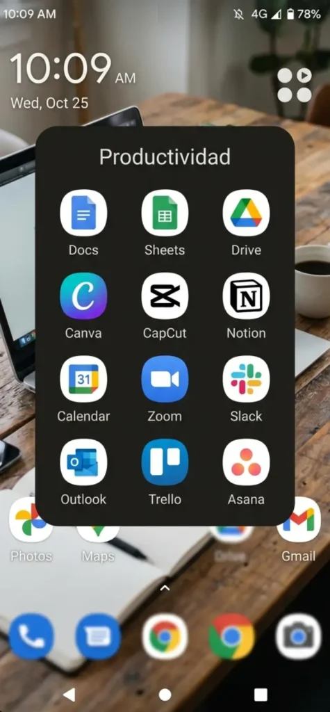 Mi pantalla del celular con las apps de productividad organizadas en una carpeta dedicada al trabajo