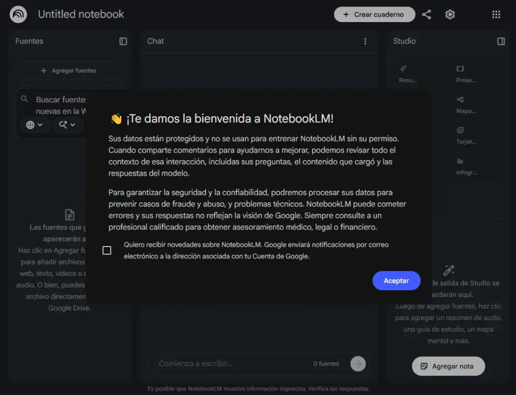 Mi NotebookLM con fuentes cargadas mostrando la interfaz de 3 columnas - prueba personal abril 2026