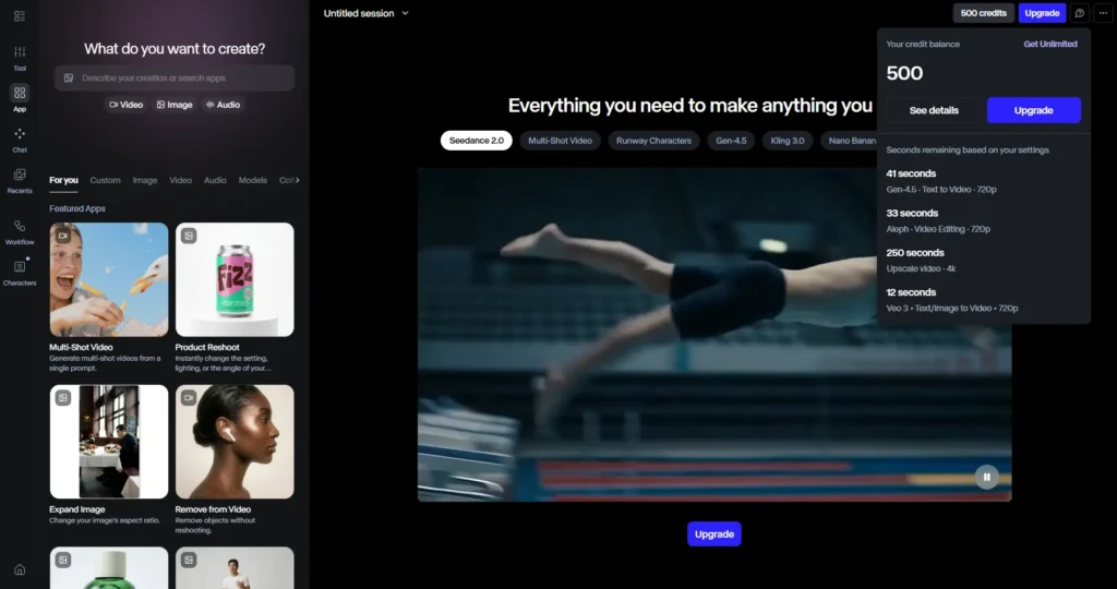 Dashboard de Runway ML mostrando los 500 créditos gratuitos del tier inicial
