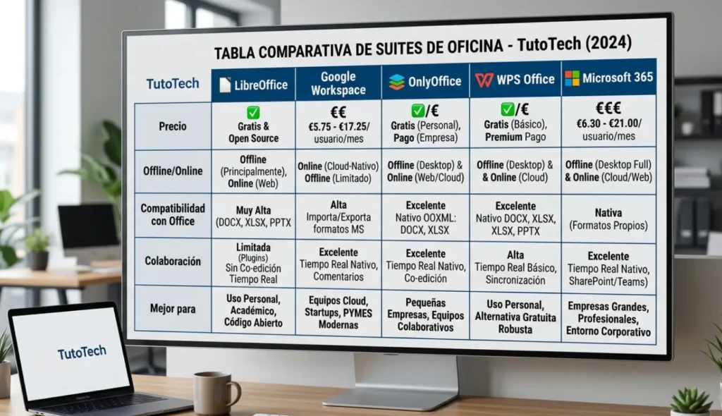 Tabla comparativa de las 5 mejores alternativas gratuitas a Microsoft Office en 2026