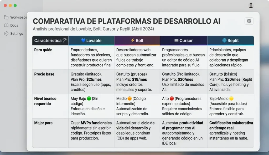 Tabla comparativa de las 4 herramientas principales de vibe coding en 2026