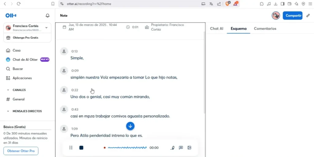 Otter.ai con mi transcripción real mostrando los minutos restantes del plan gratuito - prueba personal abril 2026