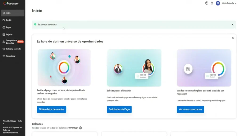 Mi cuenta de Payoneer configurada para recibir pagos internacionales como freelancer - prueba personal abril 2026