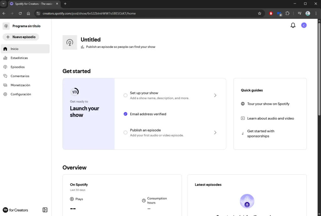 Dashboard de Spotify for Creators (antes Anchor) en su versión gratuita 2026 mostrando las opciones para principiantes