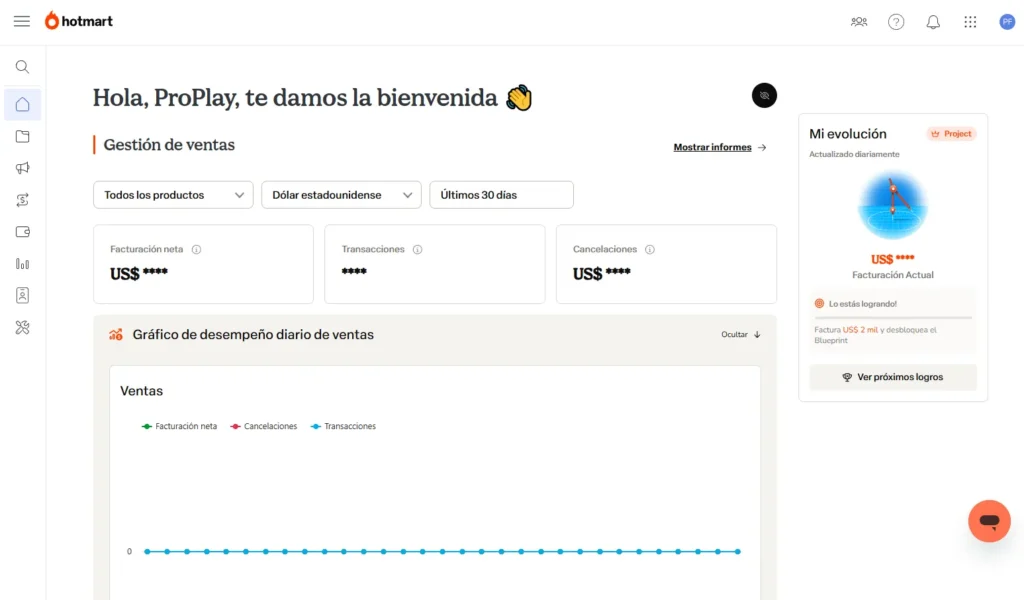 Dashboard inicial de una plataforma de cursos online gratuita para creadores principiantes