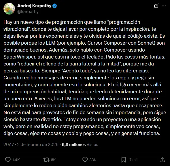 Tuit original de Andrej Karpathy acuñando el término vibe coding en febrero 2025