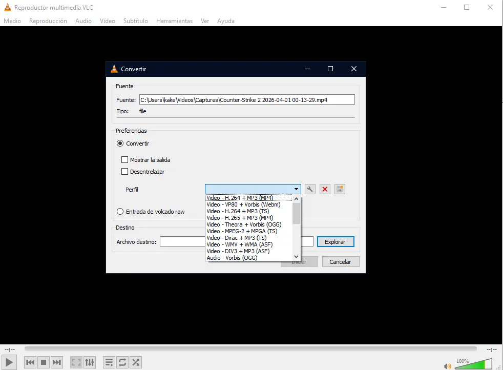 VLC Media Player con la función Convert/Save abierta - una herramienta de compresión gratuita oculta que casi nadie conoce
