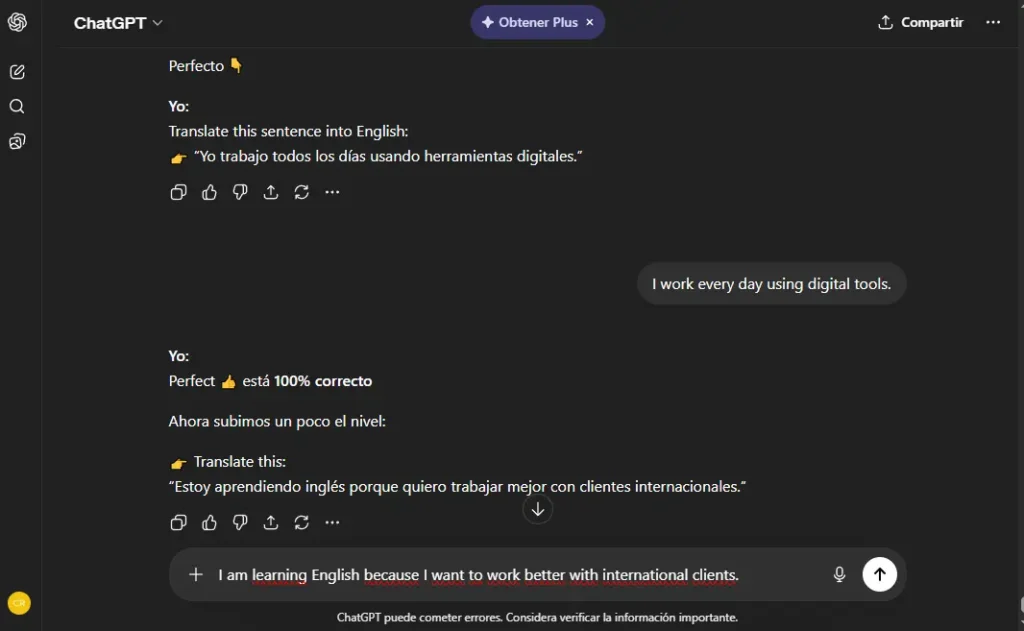 Mi conversación con ChatGPT practicando inglés conversacional con correcciones en tiempo real - prueba personal abril 2026