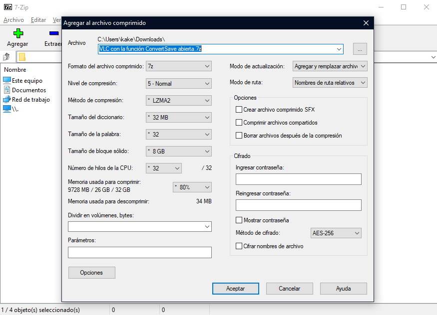 7-Zip con la ventana de configuración de compresión abierta - el compresor open source con mejor ratio del mercado