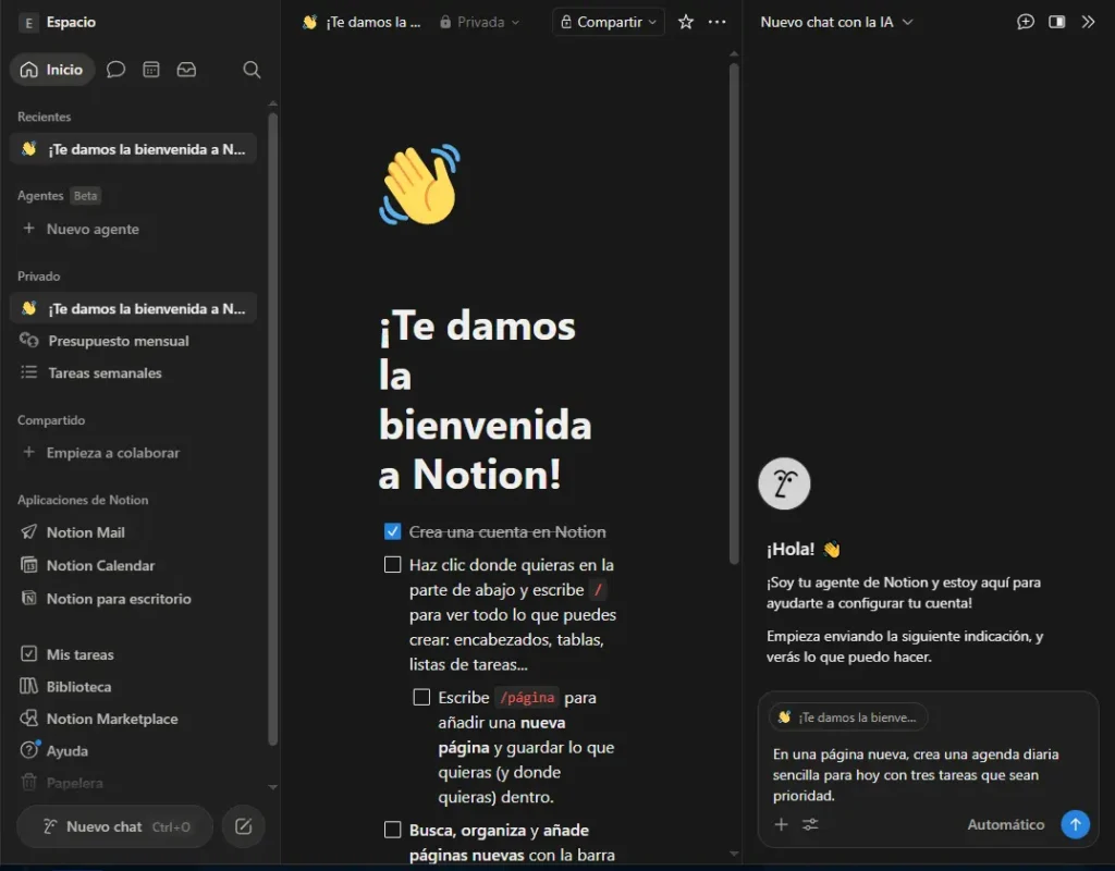Interfaz de Notion con barra lateral y menú de bloques desplegado