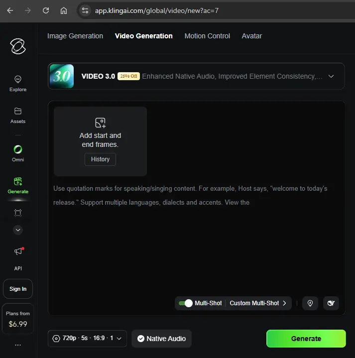 Pantalla de Kling AI en el plan gratuito con un prompt de prueba, mostrando el contador de créditos diarios